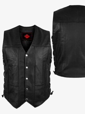 Alpha Cycle Gear Leather Motorcycle Vest Adjustable Laces Black Men’s Size 3XL